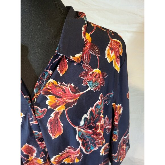 Catherines Blue Short Sleeve Top w Multicolor Leaves 1X Blouse - Picture 2 of 6